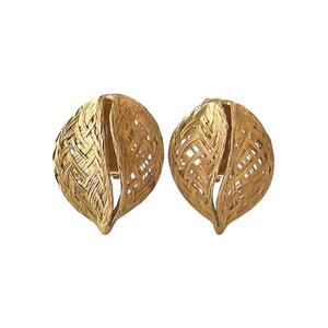 Vintage St. John Gold Basketweave Clip Earrings Sculptural Split Pod Statement
